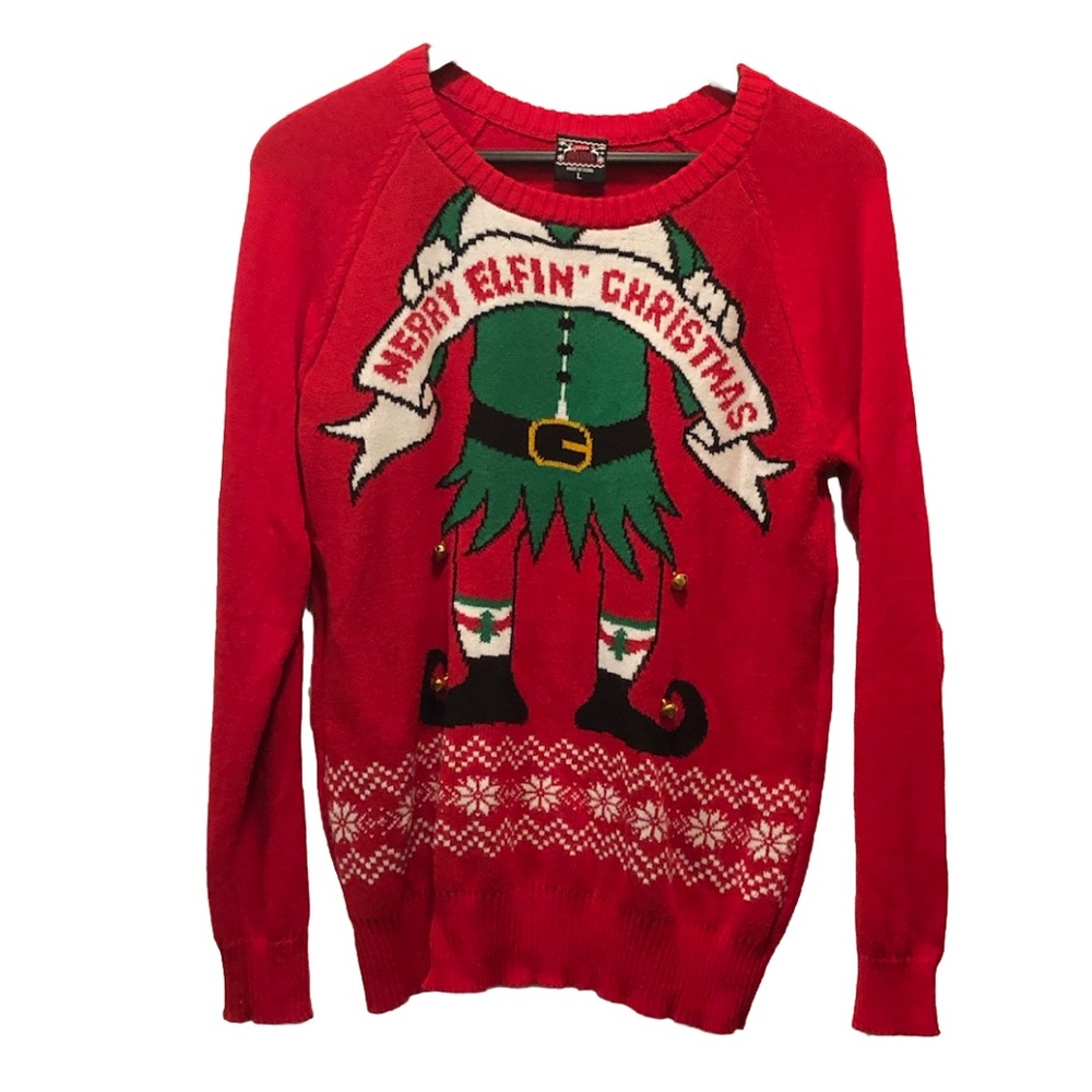 Well Worn Holiday Sweater Merry Elfin' Christmas Sweater Size L Red, Green & Whi